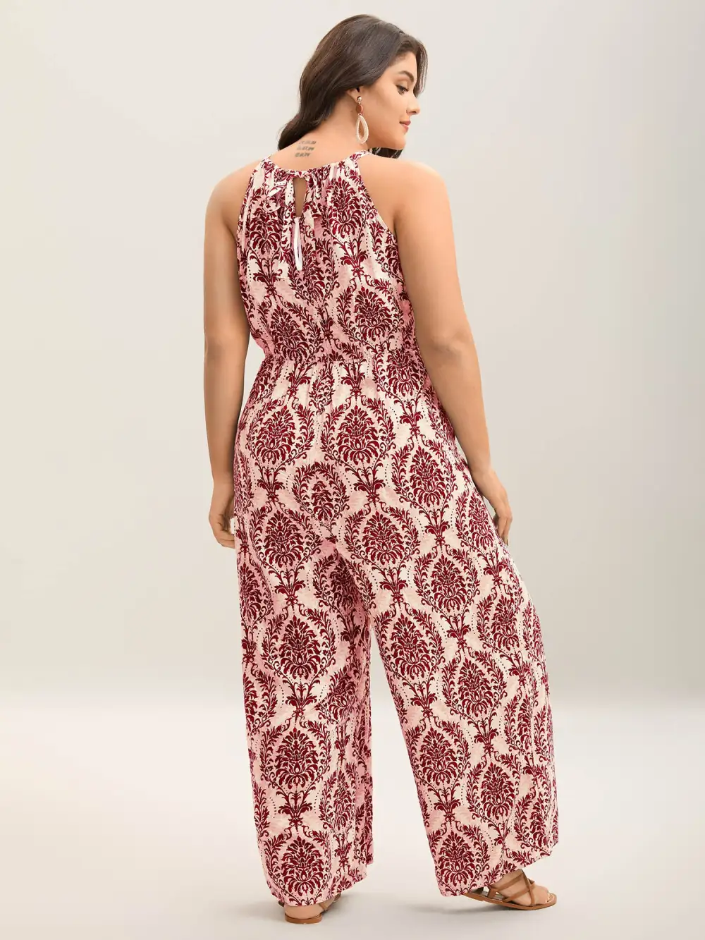 Rayon Damask Print Stretchy Waist Jumpsuit