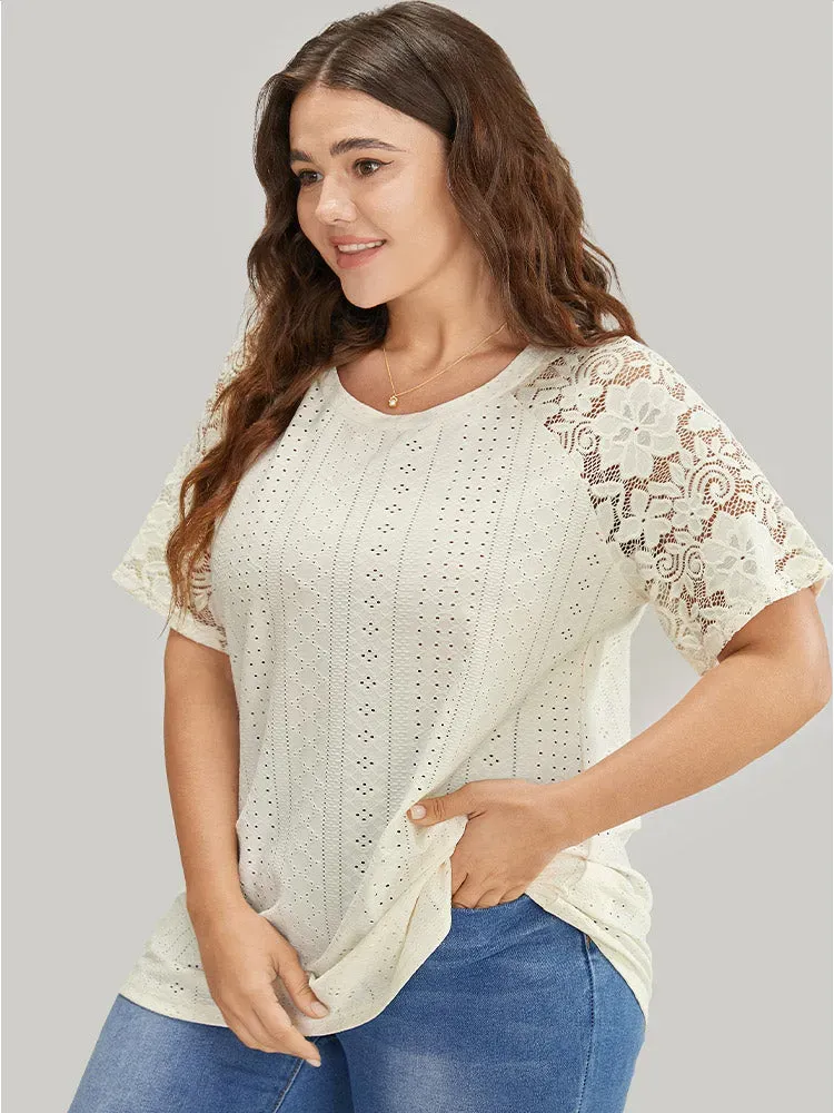 Solid Broderie Anglaise Lace Raglan Sleeve T-shirt