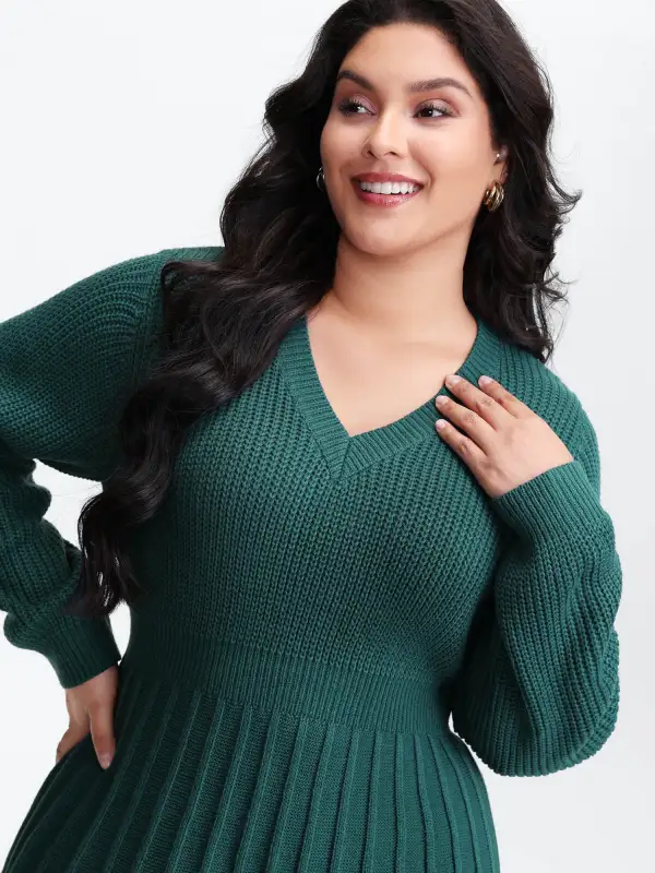 Pleated Skirt Tissue Texture Knit Knee-Length Dress