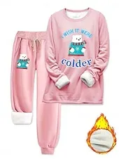 Women's Elegant Warm Fashion Two Piece Sets Tracksuit Pants Sets Long Sleeve Bishop Sleeve Crew Neck Graphic Animal Letter Print Outdoor Vacation Casual Black Pink Dark Pink Spring Regular Fit