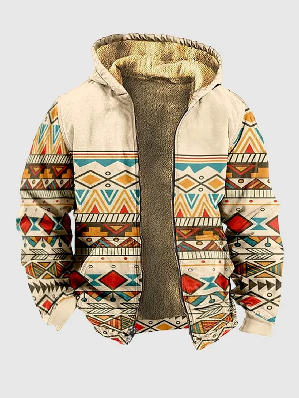 Men's Ethnic Fleece Full Zip Retro Print Hoodie Jacket