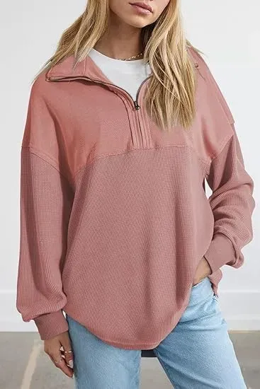 Oversized Waffle Knit Half Zip Pullover Soft Polyester Blend Long Sleeve Sweatshirt