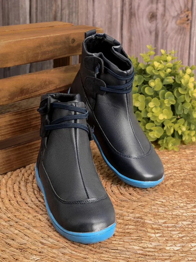 Vintage Women Casual Braided Strap Breathable Lether PU Flat Heel Classic Boots