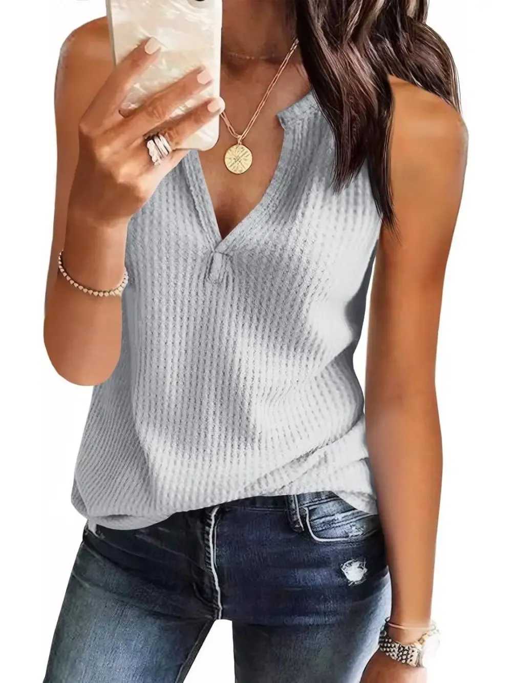 ✨Womens V Neck Waffle Knit Summer Casual Sleeveless Loose Tank Tops