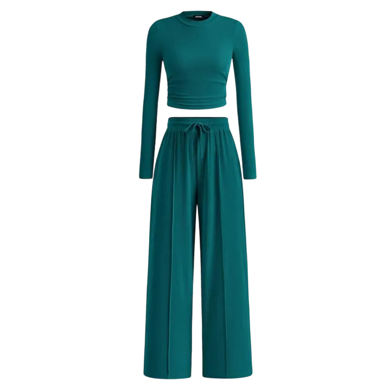 Ribbed Knit Long Sleeve Crop Top Wide Leg Pants