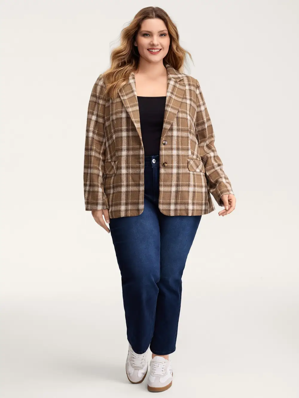Plaid Pattern Button-Front Blazer
