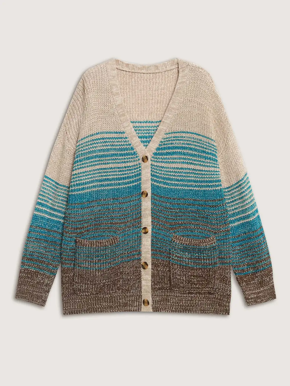 Colorful Stripes Button Pockets Knit Cardigan