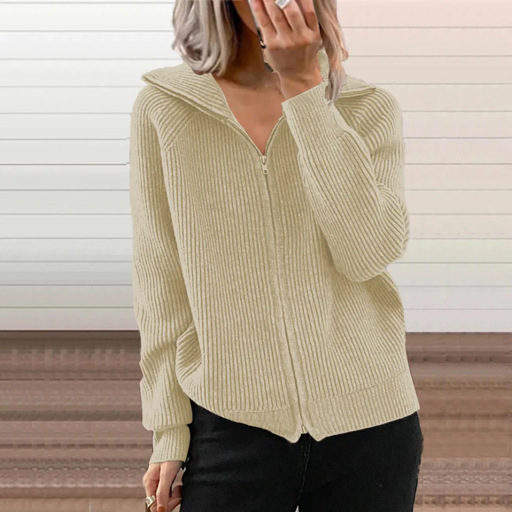 Fashionable Solid Color Loose Knit With Zipper Lapel Sweater