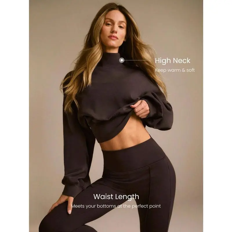Turtleneck Puff-Sleeve Crop Top & Wide-Leg Pants Set