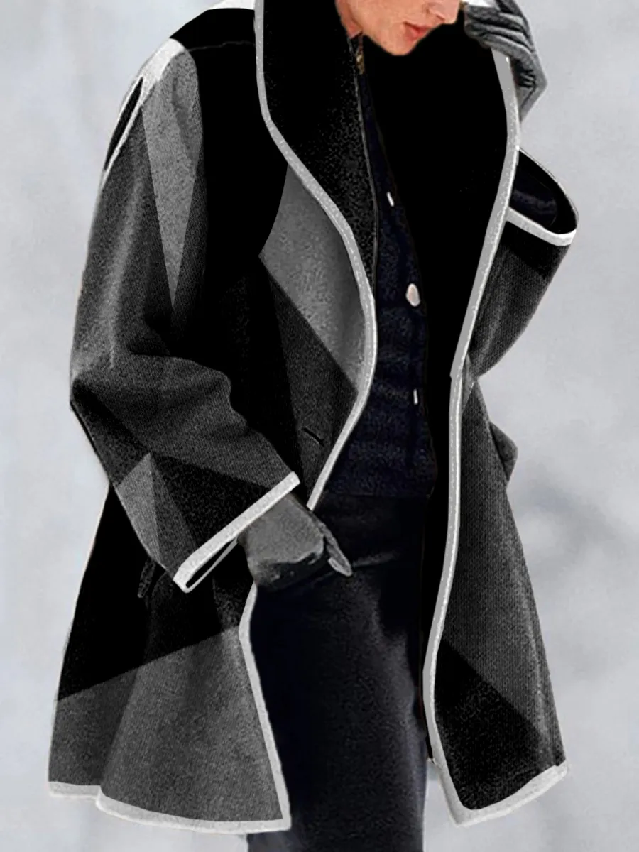 Contrasting Geometric Print Casual Loose Woolen Coat