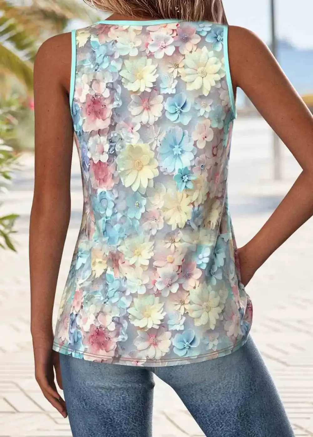 Light Blue Patchwork Floral Print Sleeveless Tank Top