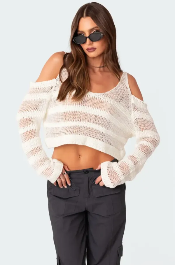 Textured Knit Open Shoulder Sweater