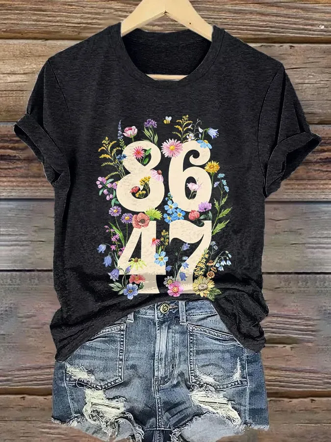 Women'S T-Shirt Vintage Flowers 86 47 Printed T-Shirt Round Neck Pure Cotton Short Sleeves