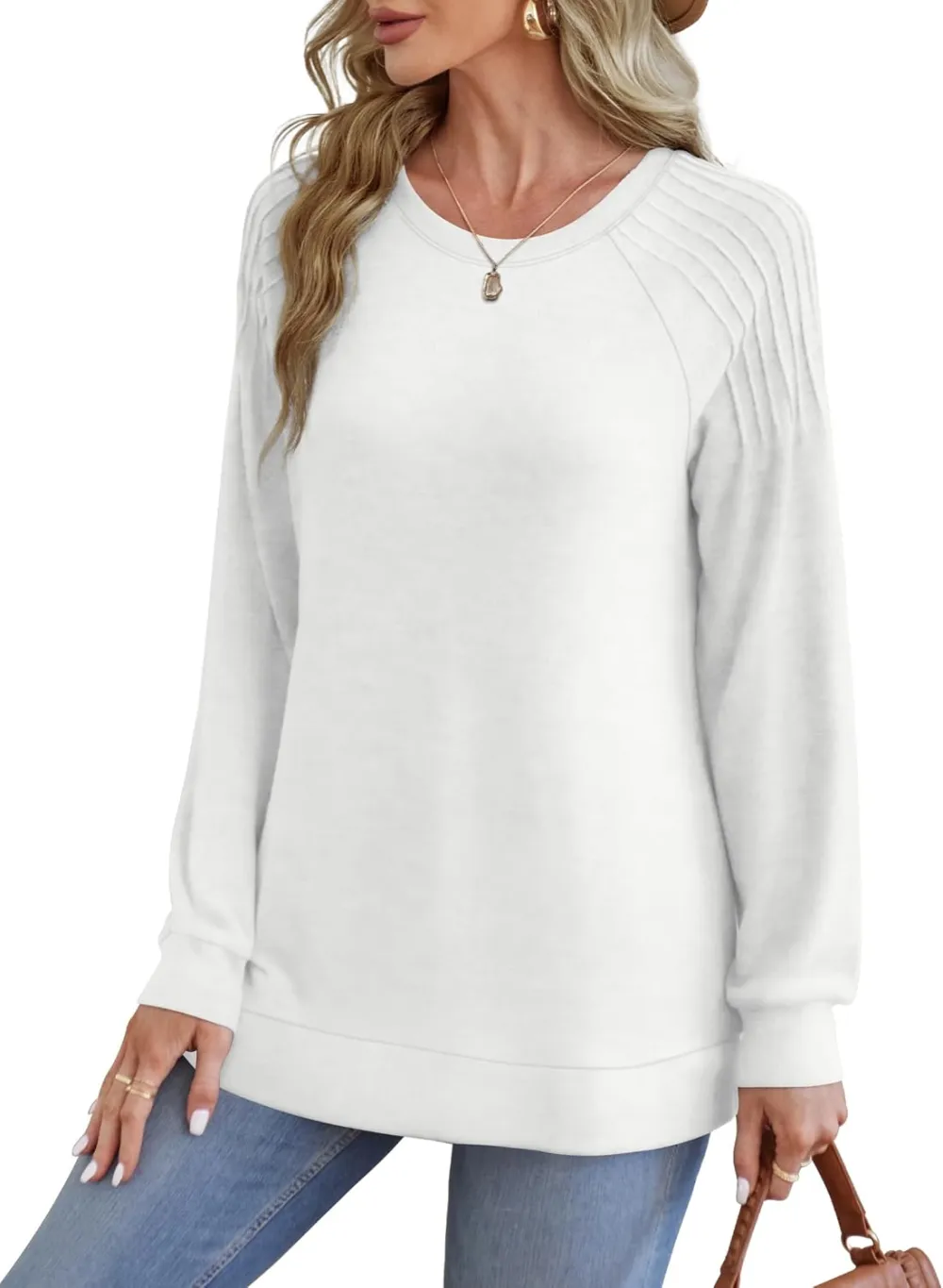 Sweatshirt for Women Crewneck Pleated Long Sleeve Shirts Tunic Tops Fashion 2024
