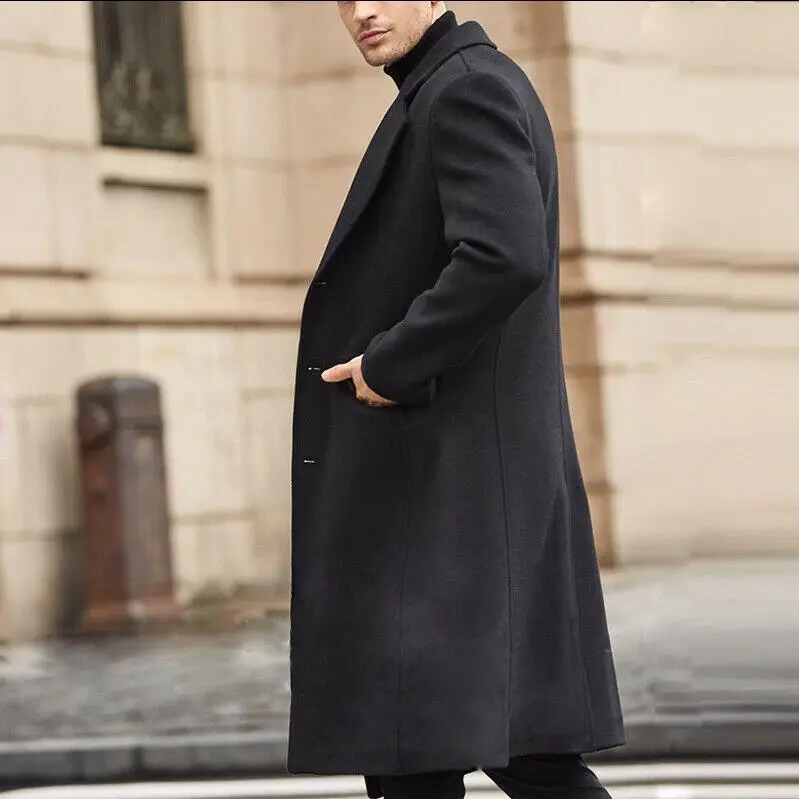 Men's Solid Color Woolen Long Coat