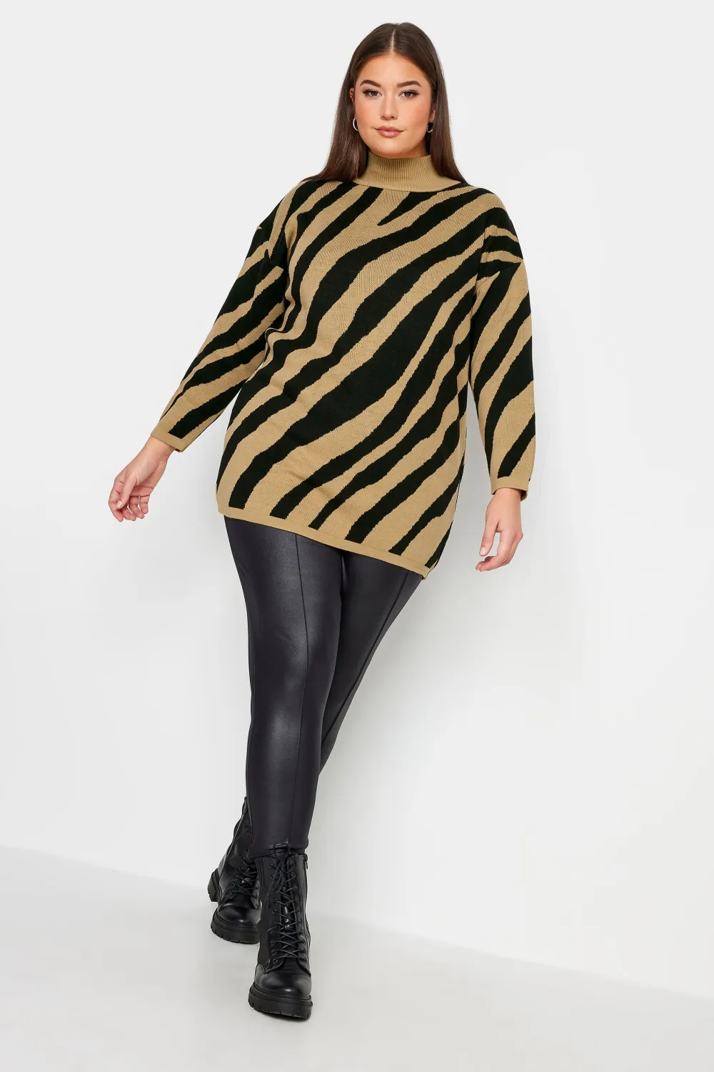 YOURS Curve Beige Brown Zebra Print Turtle Neck Jumper