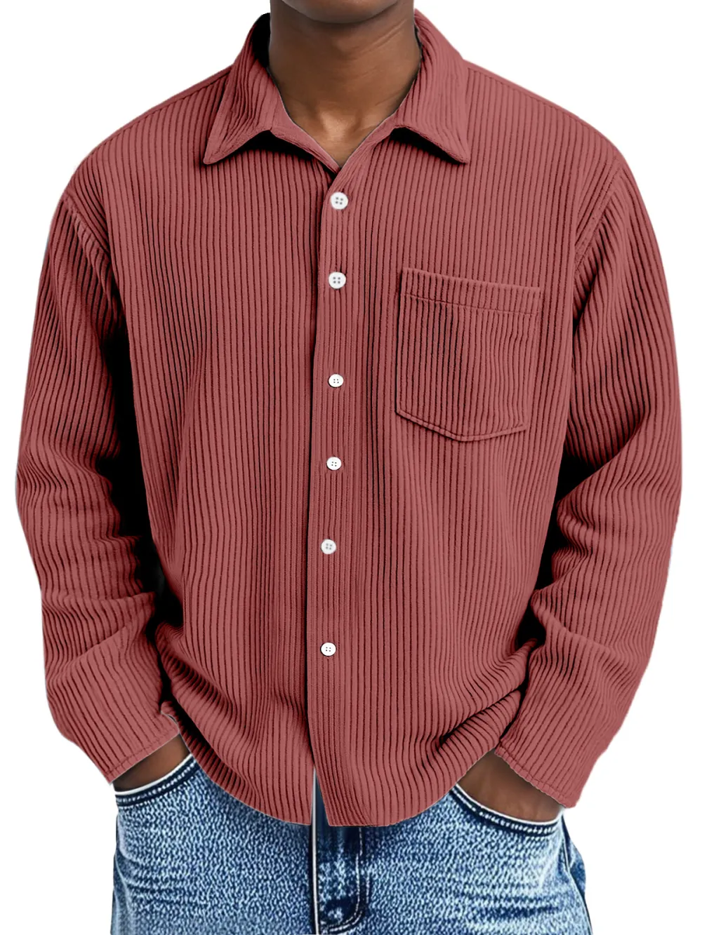 Men's Loose Casual Corduroy Loose Lapel Long Sleeve Shirt With Pockets