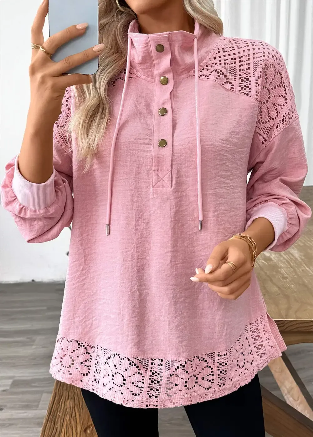 Pink Tummy Coverage Long Sleeve Stand Collar Sweatshirt