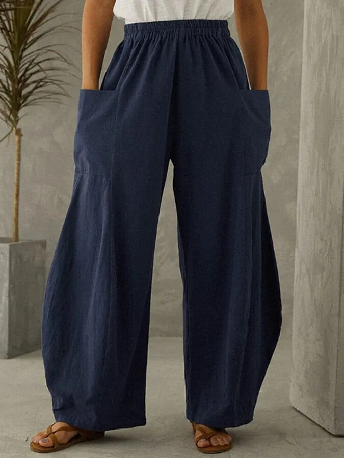 Women's Solid Cotton Linen Large Pocket Wide Leg Pants