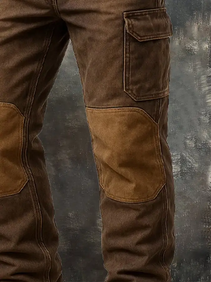 Men's Vintage Outdoor Distressed Adventure Stitching Knee Pads Multi-function Pocket Work Pants