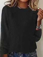 Women's Sweater Pullover Daily Stylish Casual Solid Color Ribbed Crew Neck Knitted Long Sleeve Regular Tops Knit Daily Holiday Going out Black Yellow Fall Winter