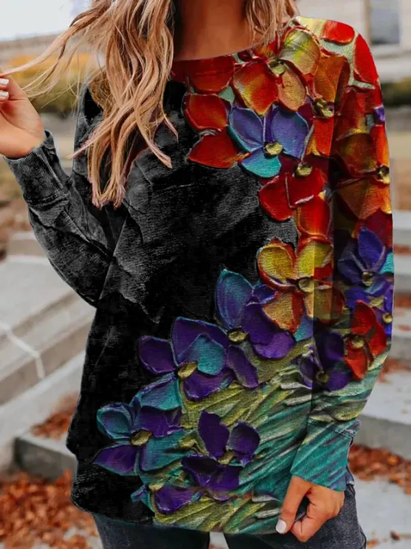 Crew Neck Floral Casual Sweatshirt