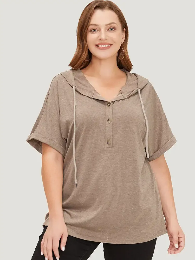 Plain Drawstring Roll Sleeve Button Up Hooded T-shirt