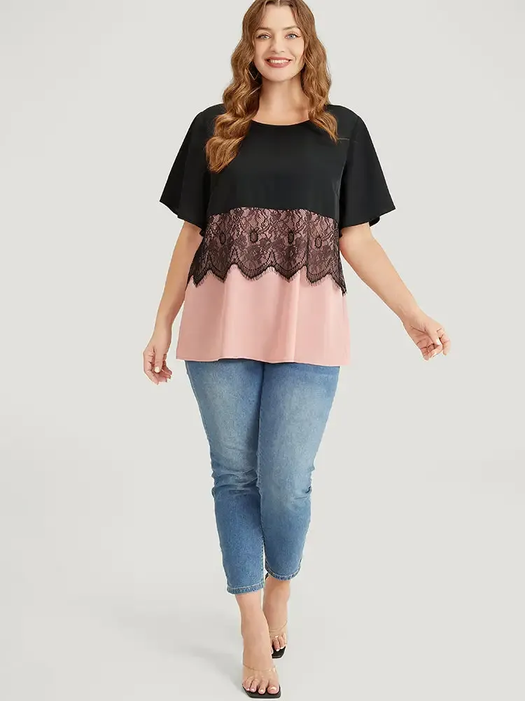 Colorblock Contrast Lace Panel Ruffles Blouse