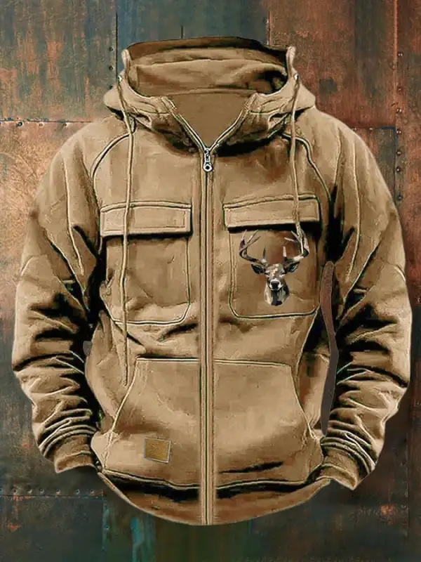 Men's Vintage Western Deer Print Multi-Pocket Jacket