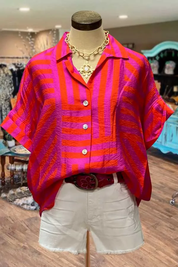 Tribal Print V-Neck Back Button Detailed Top