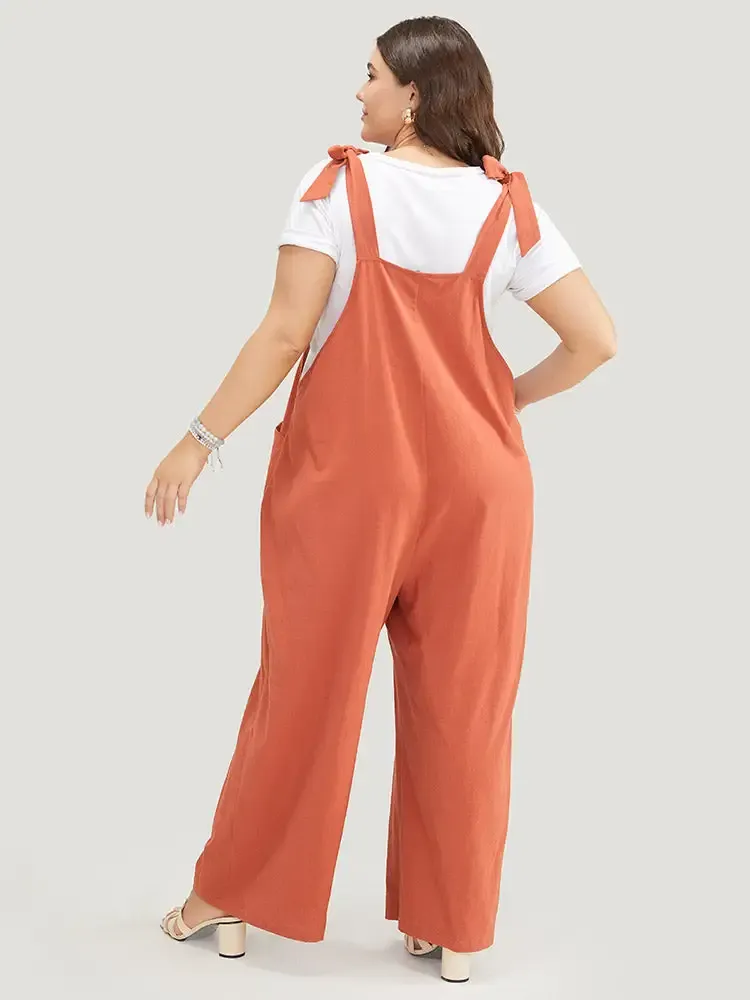Solid Pleated Detail Pocket Knotted Shoulder Overall Jumpsuit