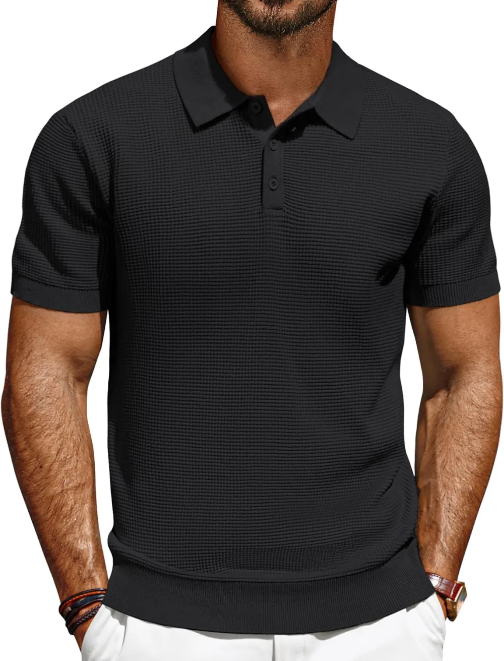 Knit Polo Shirts for Men Casual Short Sleeve Waffle Texture Polo Golf Shirt