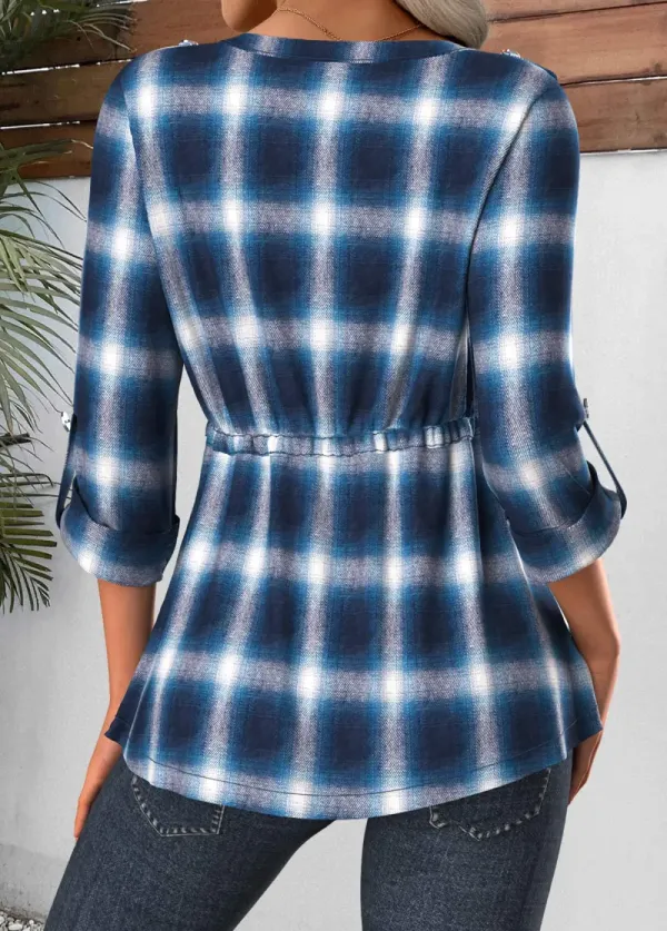 Blue Patch Pocket Plaid Long Sleeve Round Neck Blouse
