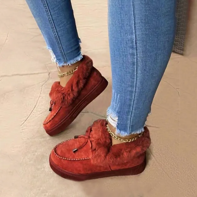 Women's Boots Snow Boots Suede Shoes Outdoor Office Daily Fleece Lined Booties Ankle Boots Winter Bowknot Flat Heel Round Toe Casual Sweet Walking Suede Loafer Leopard Solid Colored claret Leopard