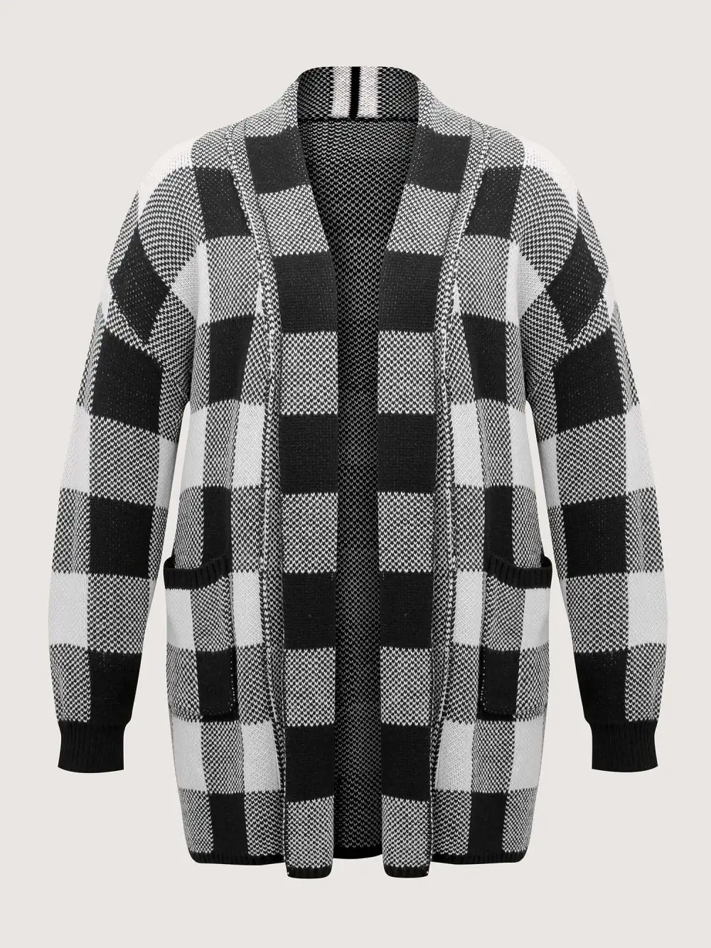 Checkered Jacquard Folded Collar Knit Cardigan