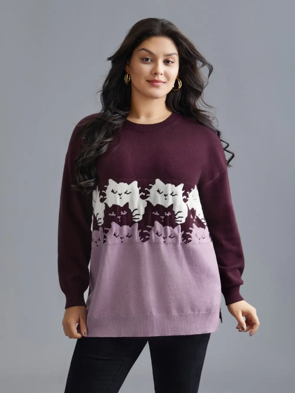 Cat Contrast Drop Shoulder Pullover