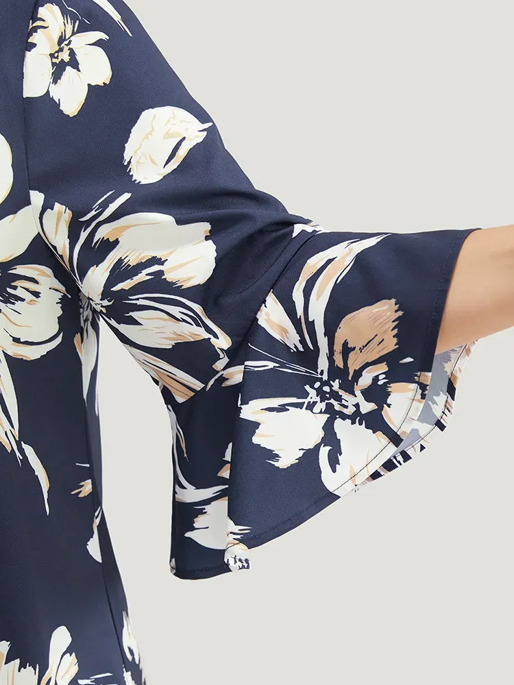 Floral Print Hanky Hem Bell Sleeve Blouse