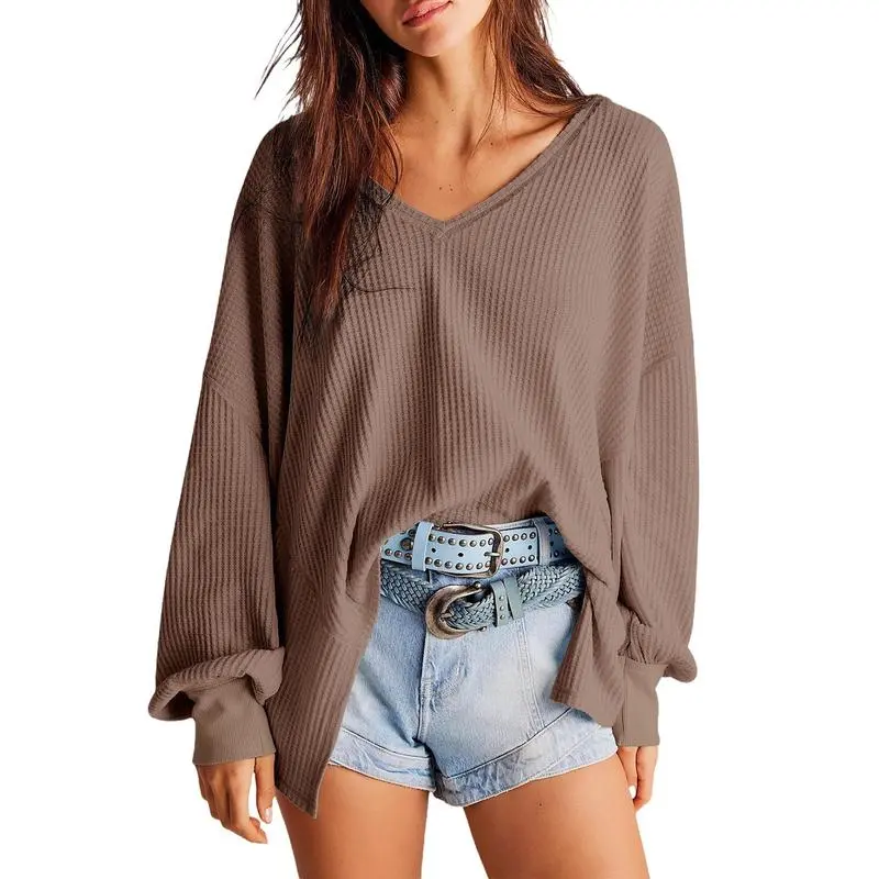 Women's Waffle Knit Top – V-Neck Oversized Lantern Sleeve Blouse