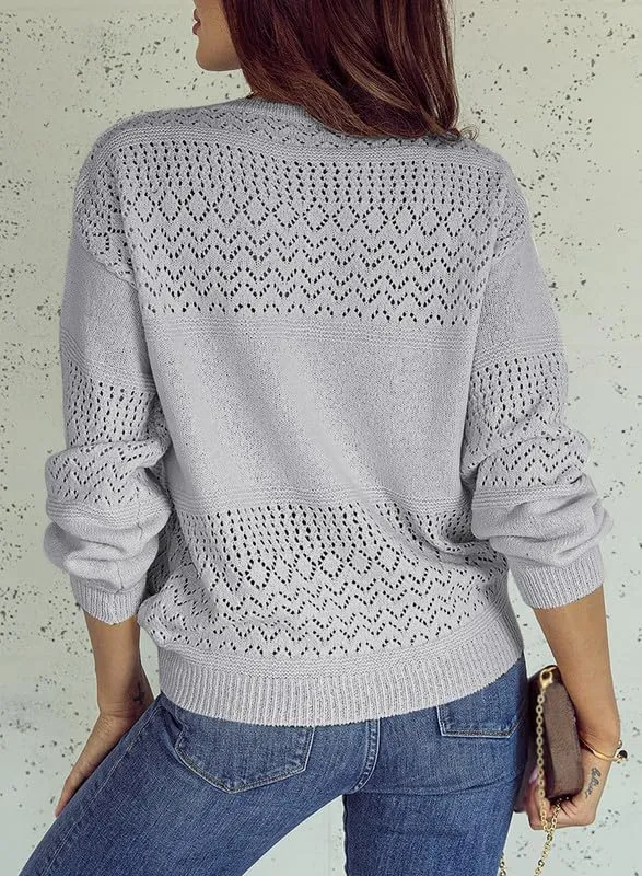 Womens Sweaters Casual Long Sleeve V Neck Lightweight Crochet Pullover Sweater Tops