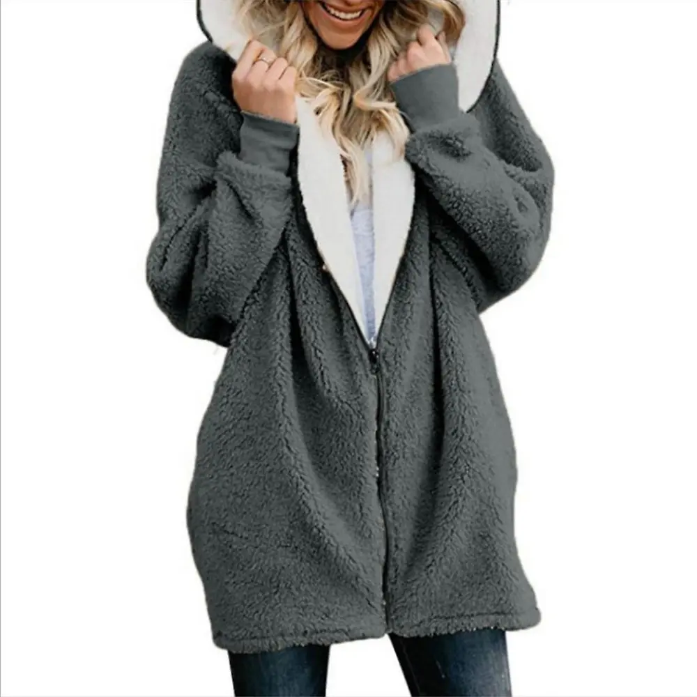 Women Long Sleeve Hoodie For Jacket Fuzzy Plush Full Zip Loose Pockets Outwear Coat