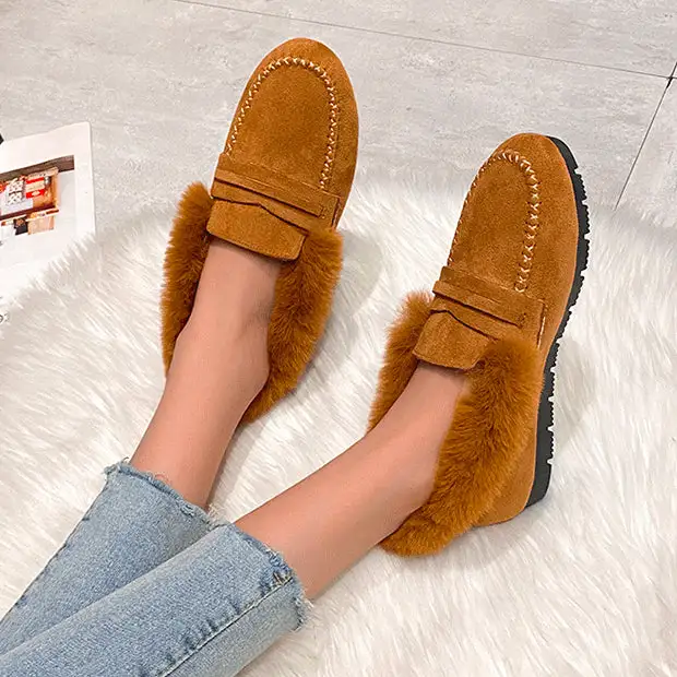 Women's Comfort sofe Furry Outer Wearing Flats Loafers Ankle boots Wild Fluffy Flat Mules Warm Shoes