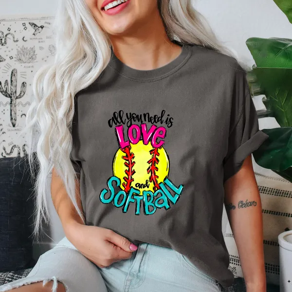 All You Need Is Love And Softball Printed Round Neck Short Sleeve T-Shirt