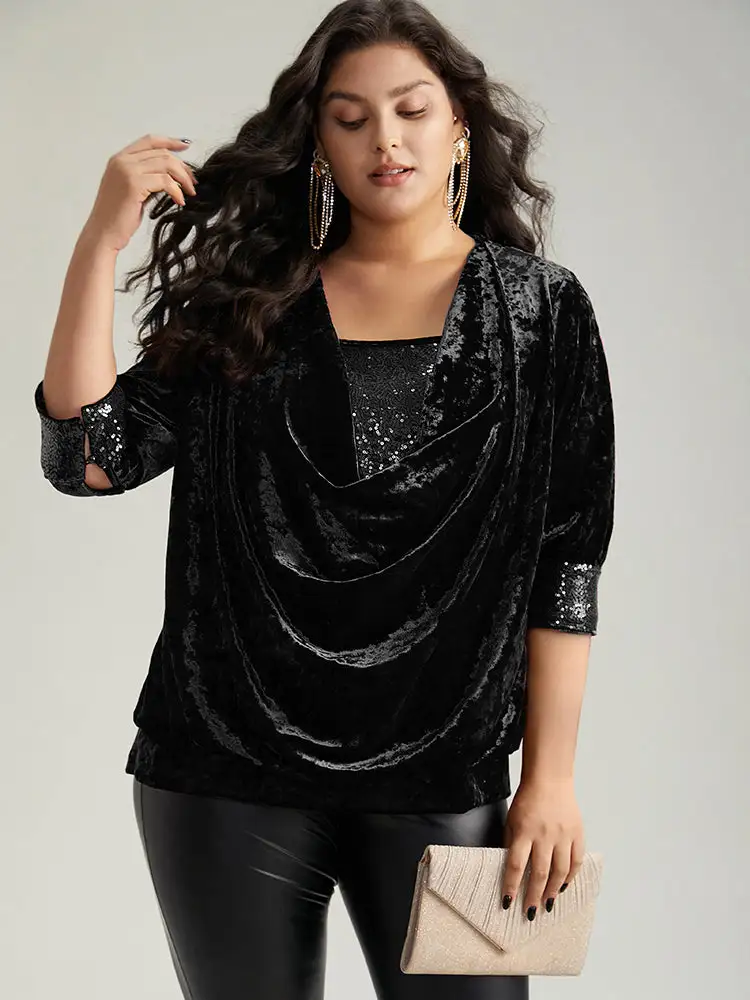Cowl Neck 2-In-1 Sequin Patchwork Blouse