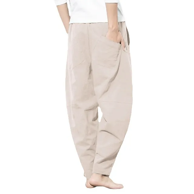Men's Linen Pants Trousers Summer Pants Bloomers Beach Pants Pocket Drawstring Elastic Waist Plain Lightweight Ankle-Length Daily Yoga Fashion Casual Loose Fit Black White