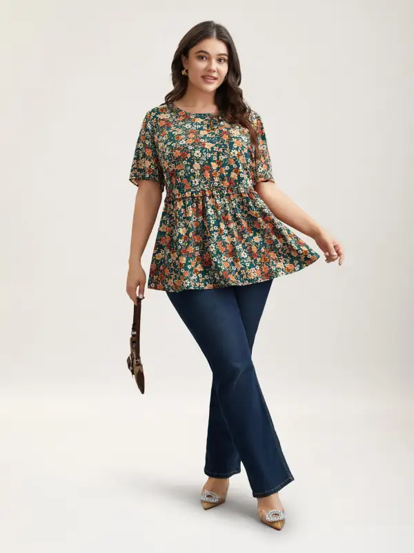 Floral Ruffled Round Neck Shirt