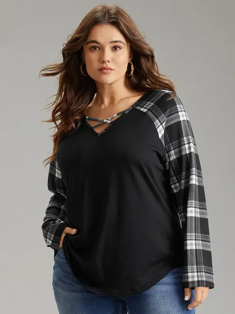 Plaid Patchwork Raglan Sleeve Crisscross T-Shirt