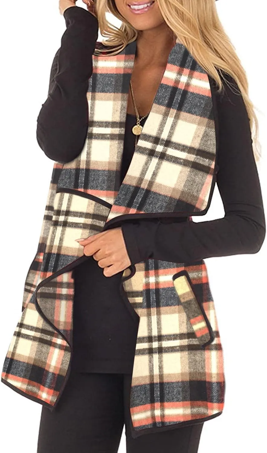 Womens Buffalo Plaid Vest Casual Lapel Open Front Sleeveless Cardigan Jacket Coat with Pockets
