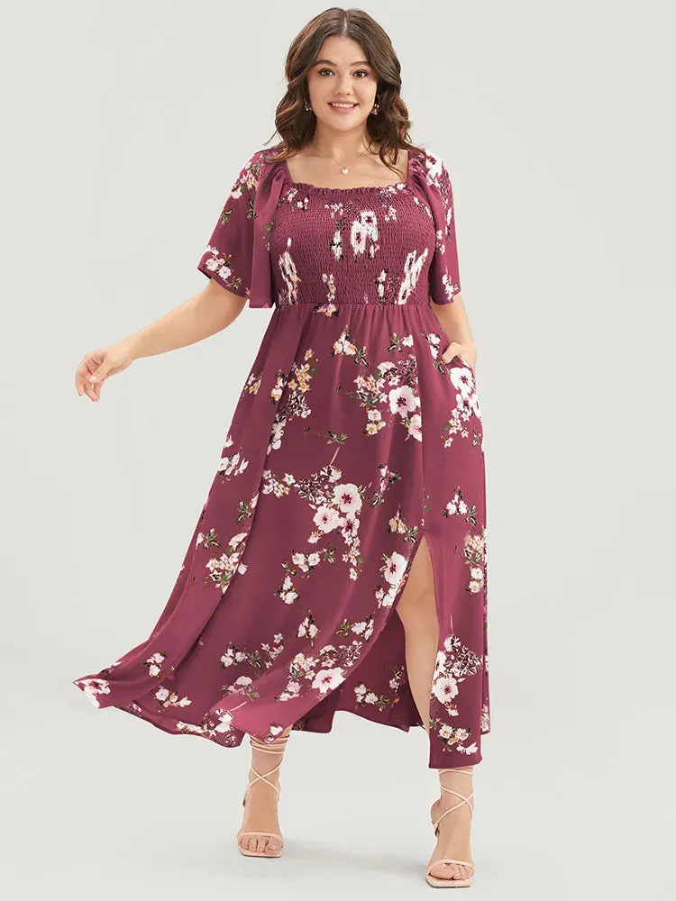 Floral Square Neck Ruffles Pocket Shirred Split Dress