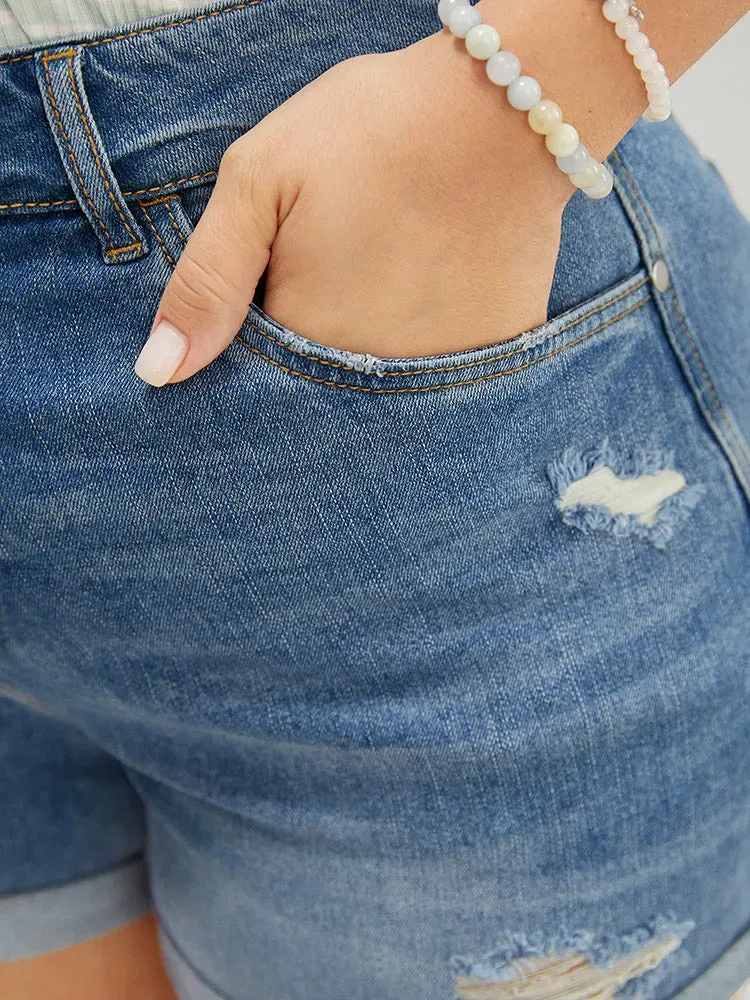 Skinny Very Stretchy Light Wash Roll Hem Distressed Denim Shorts