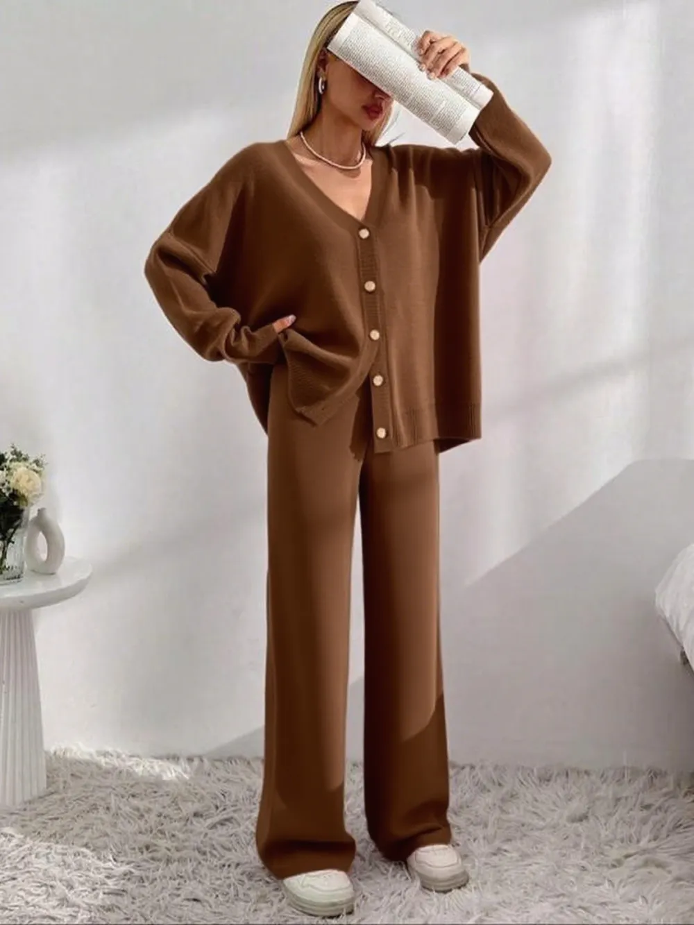 Women's V-Neck Button Cardigan & Wide-Leg Pants Set